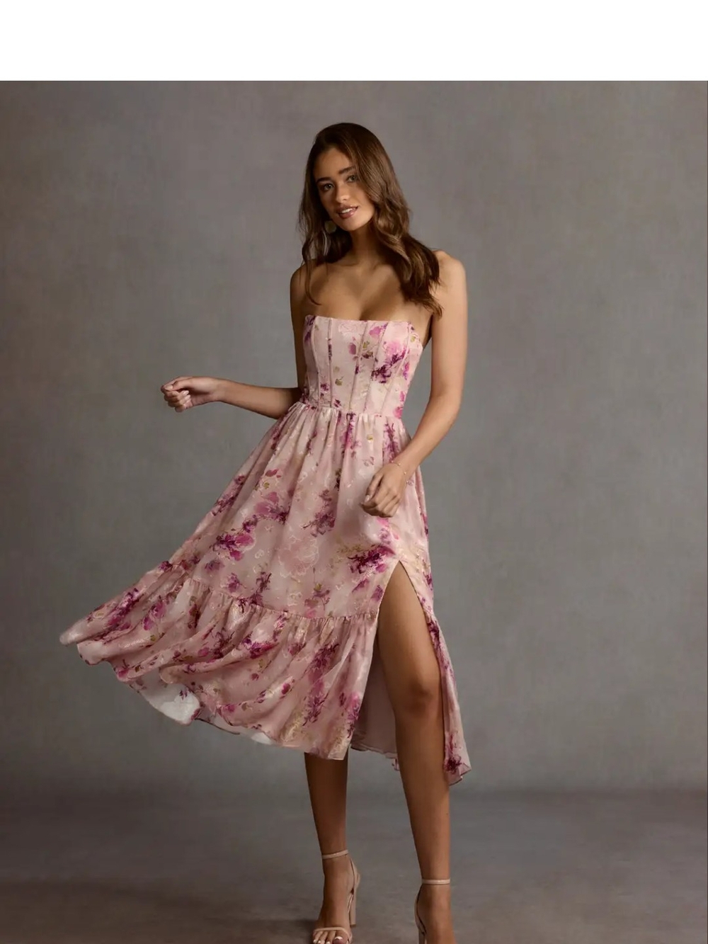 Azazie Pink Floral Strapless Midi Dress with Side Slit
